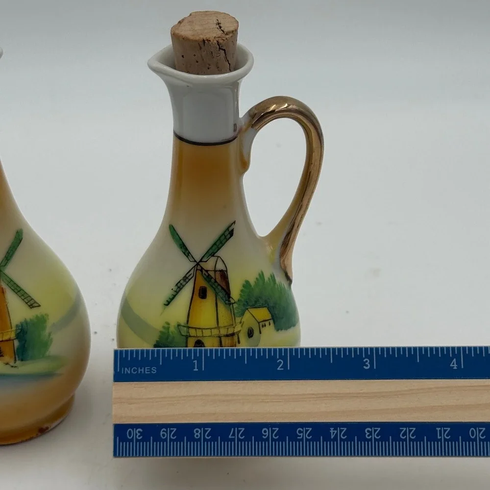 Vintage Hand Painted Japan Porcelain Windmill Cruet Set Gold Handle 2pc